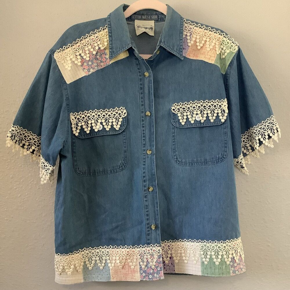 Vintage 90s Denim Patchwork Upcycled Lace Appliqué Cottagecore Granny Shirt L